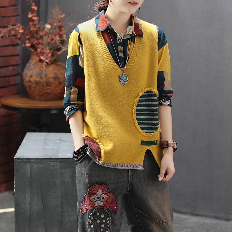 Autumn And Winter Fashion New Loose Knit Vest Sleeveless Color Matching V-neck Pullover Sweater Women's Wild Casual