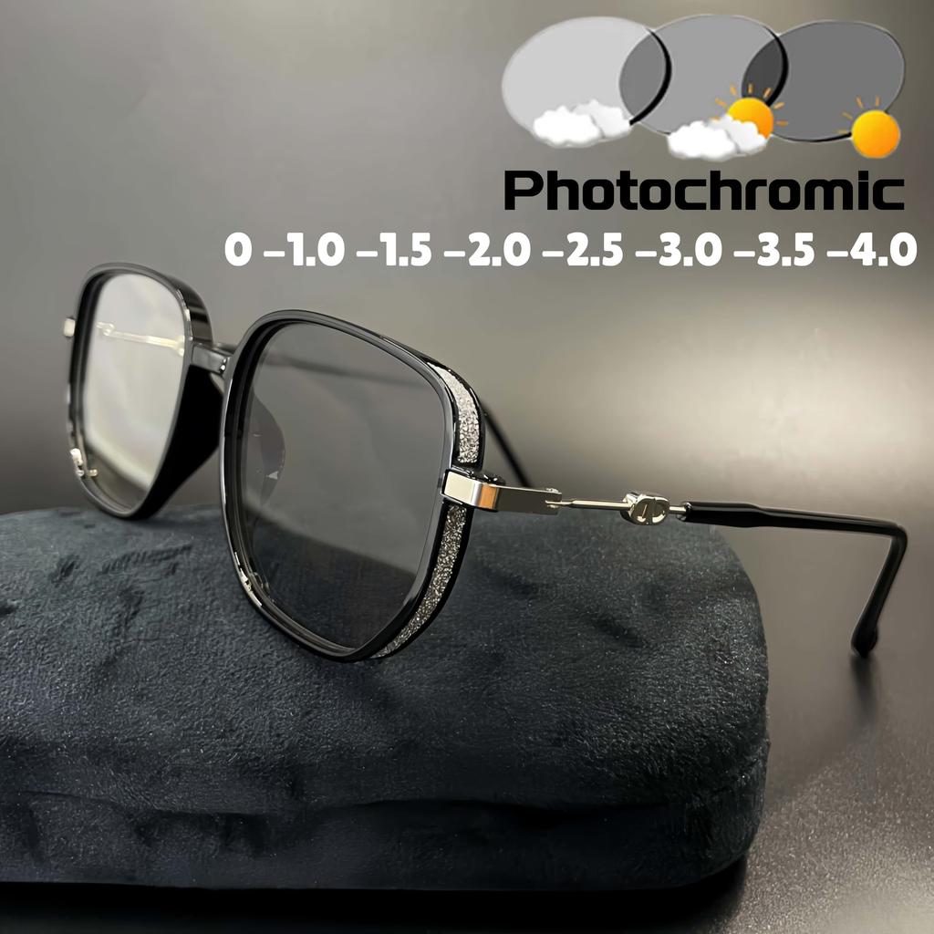 D Letter Legs Pochromic Near Sight Glasses for Women Oversized Sparkling Frame Eyewear Outdoor UV Protection Sunglasses -4.0