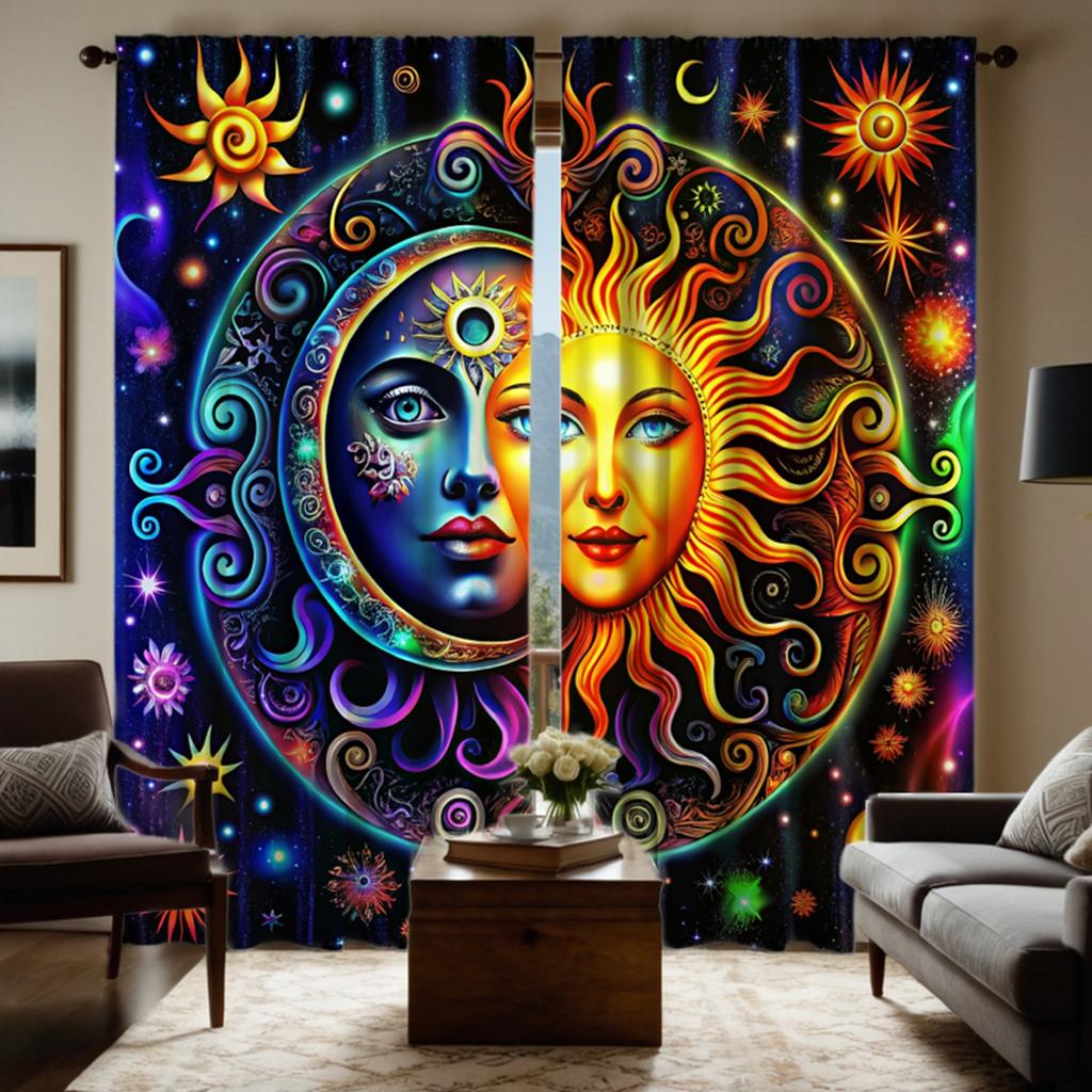 2 шт. цифровые шторы HD с принтом фиолетового звездного неба, солнца и луны, людей, стиль украшения дома, украшение гостиной, спальни