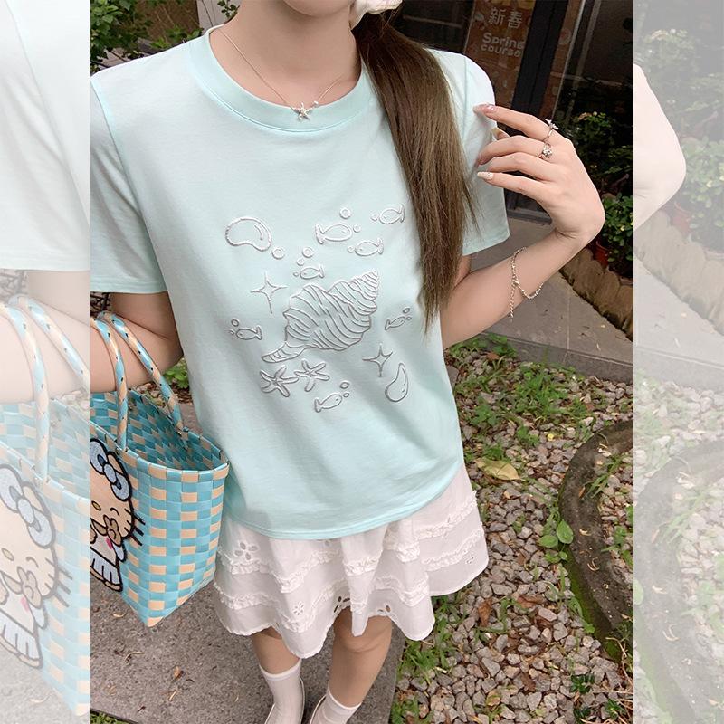 Sweet and cute shell print round neck front shoulder short-sleeved women's t-shirt summer new loose and thin top