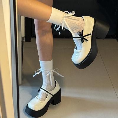 Модная платформа Высокий каблук Женские туфли Мэри Джейн Модный бант-бабочка Весна Осень Женские танцевальные туфли для вечеринки Выпускного вечера Кожаные туфли