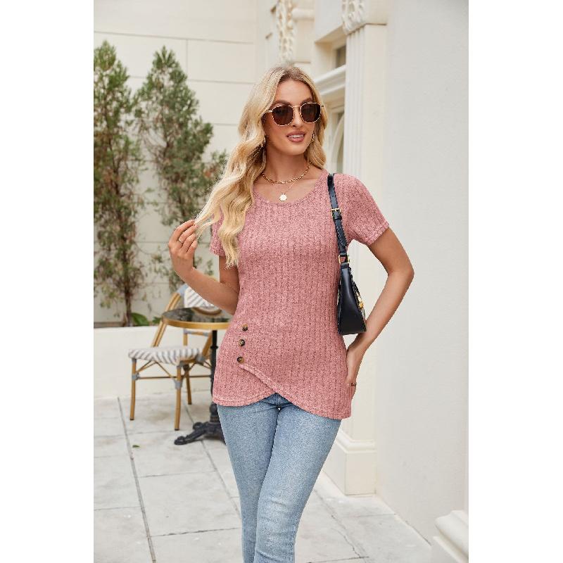 2026 Summer Women's Solid Color Round Neck T-Shirt Fashionable Buttoned Pleated Short Sleeve Top