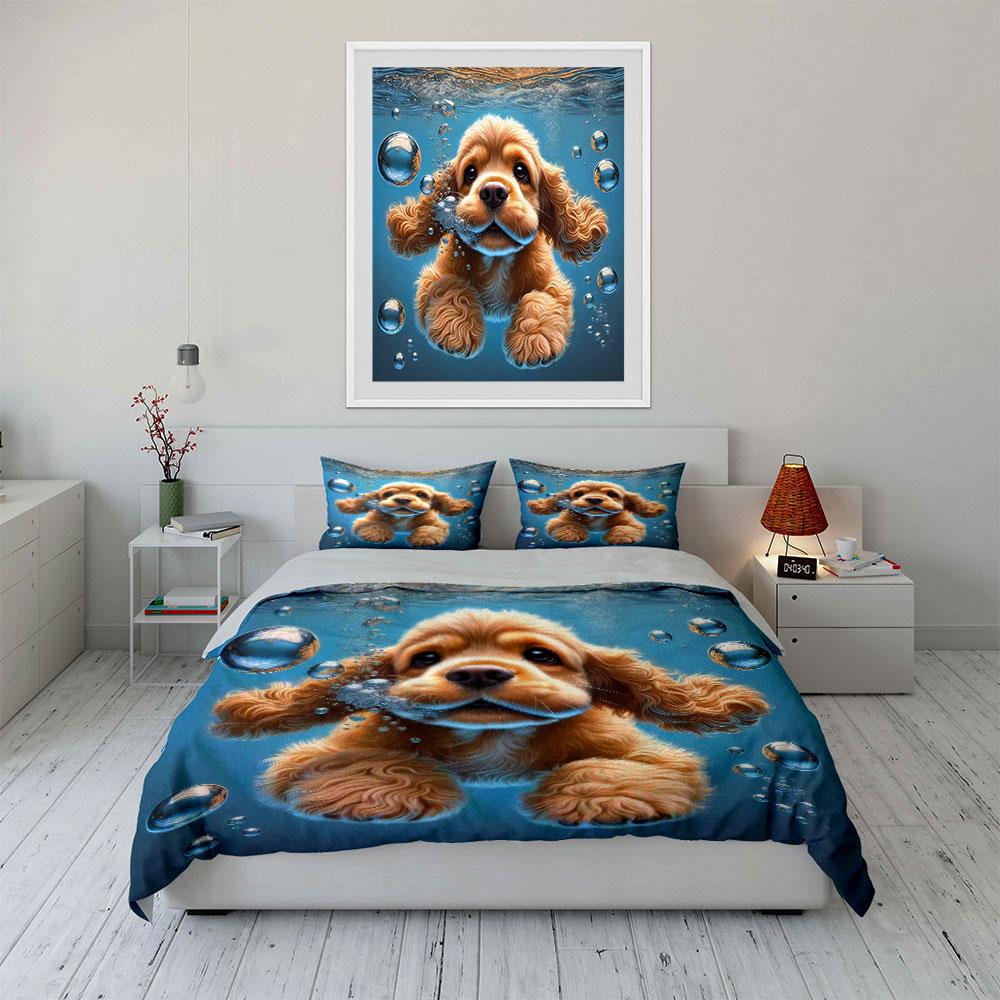 "Underwater Puppy Art Set" Bedding Set with 1 Duvet Cover 2 Pillowcases Single Double King Queen, Gift