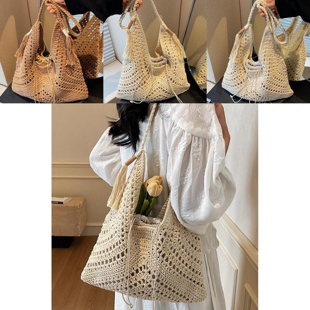 Casual Woven Shoulder Bag With Large Size And Tassel Drawstring Closure For Summer Holiday