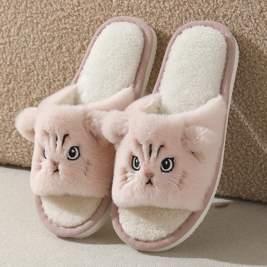 Women's Plush Cat Slippers with Cute Cartoon Kitty Face Design - Soft Fabric Upper- All-Season House Shoes for Home, House Slippers