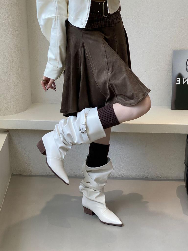 Belt buckle pleated large tube circumference stacking boots women's winter new thick heel pointed wide tube high boots