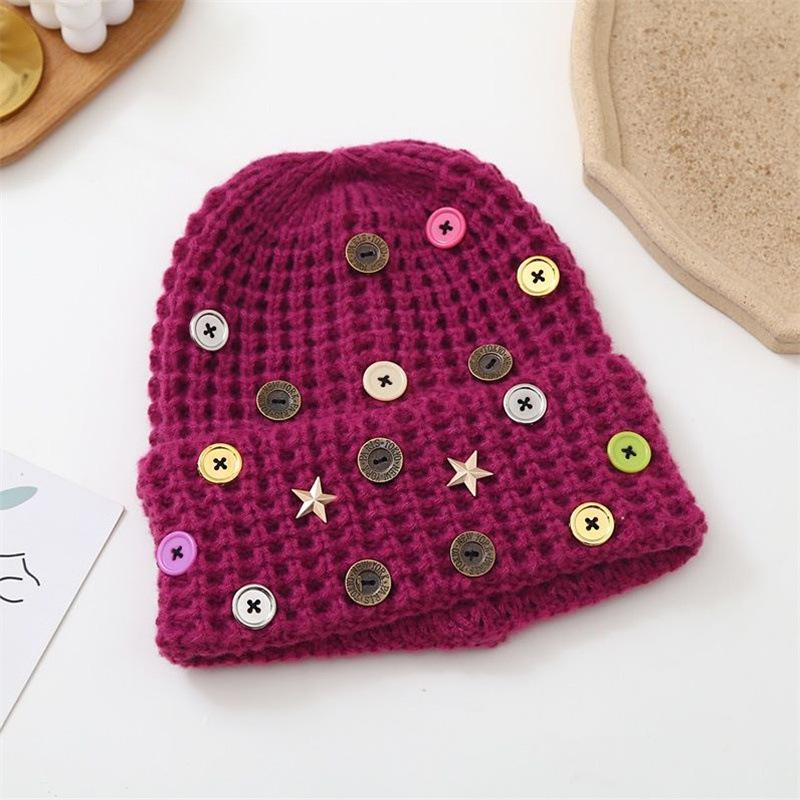 Korean button wool hat female ins tide niche personality autumn and winter warm pullover knitted cold hat hip hop ear hat
