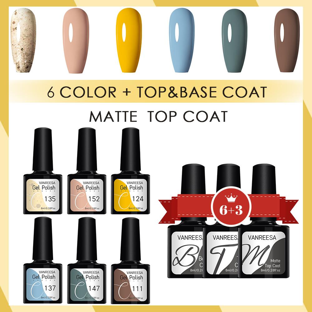 VANREESA Набор гелей для ногтей, 6 цветов, гель-лак для ногтей, замачиваемый гель с матовым базовым верхним слоем, набор для дизайна ногтей