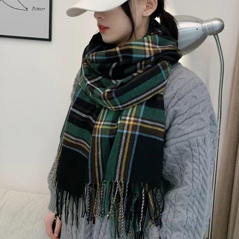 Winter Women's Long Plaid Scarf Outer Wear Girl Couple Double-sided Versatile Neck Warmer Korean Style Shawl Student Fresh Look