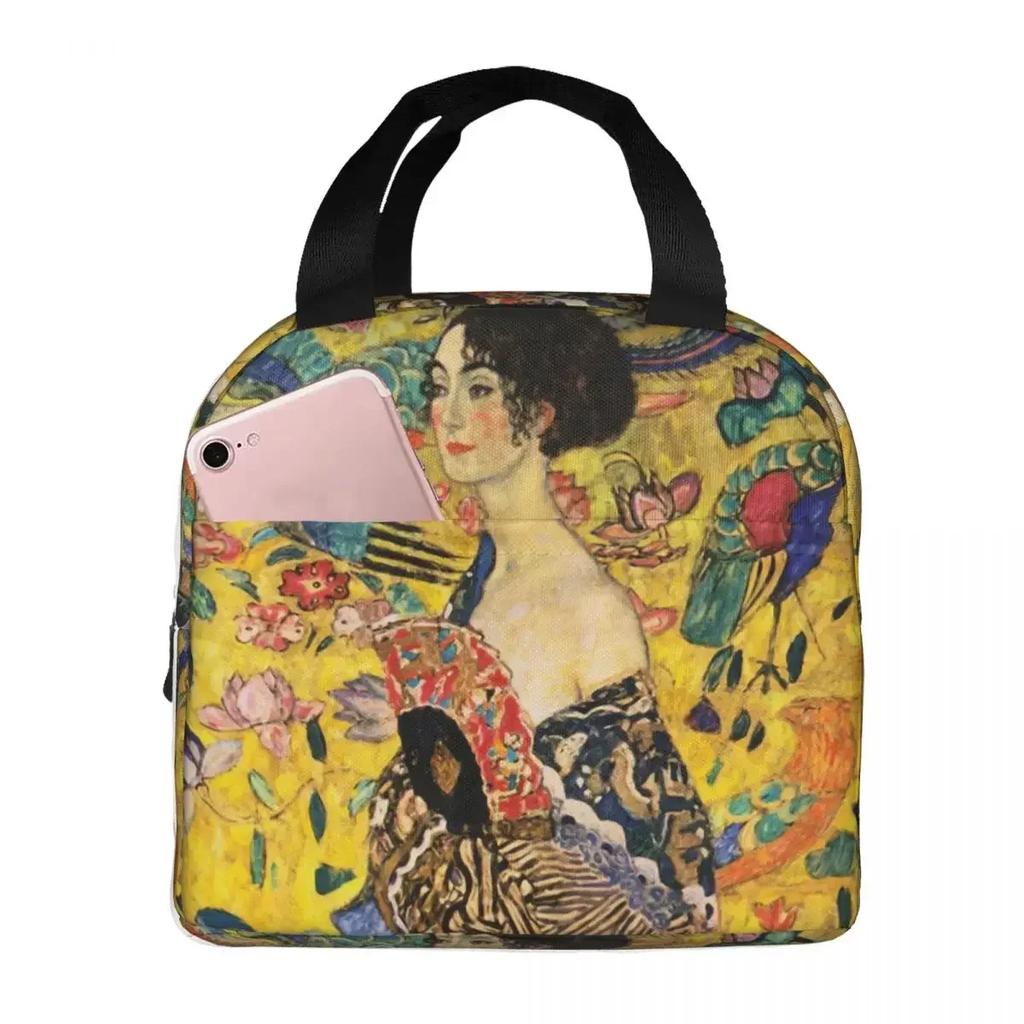 Lady With Fan By Gustav Klimt Insulated Lunch Bag for Women Kids Portable Food Boxes Thermal Lunch Box Tote