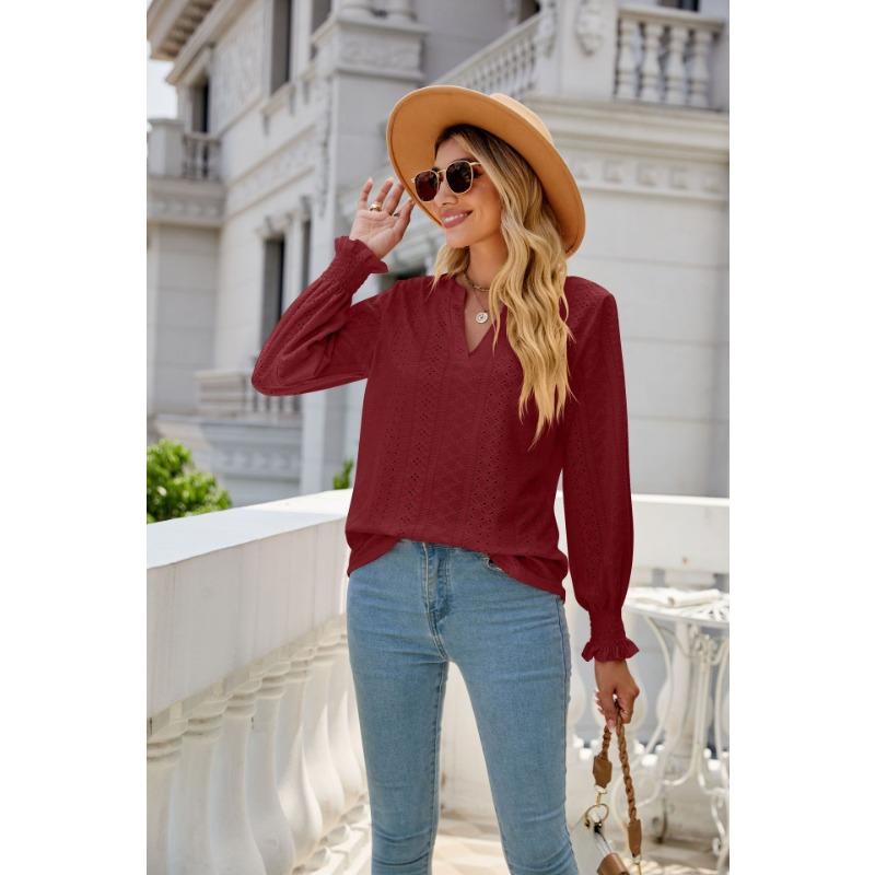 Осенняя новая модель женской повседневной рубашки с полым плиссированным рукавом-рюшем и V-образным вырезом, модный розовый элегантный женский топ с длинным рукавом