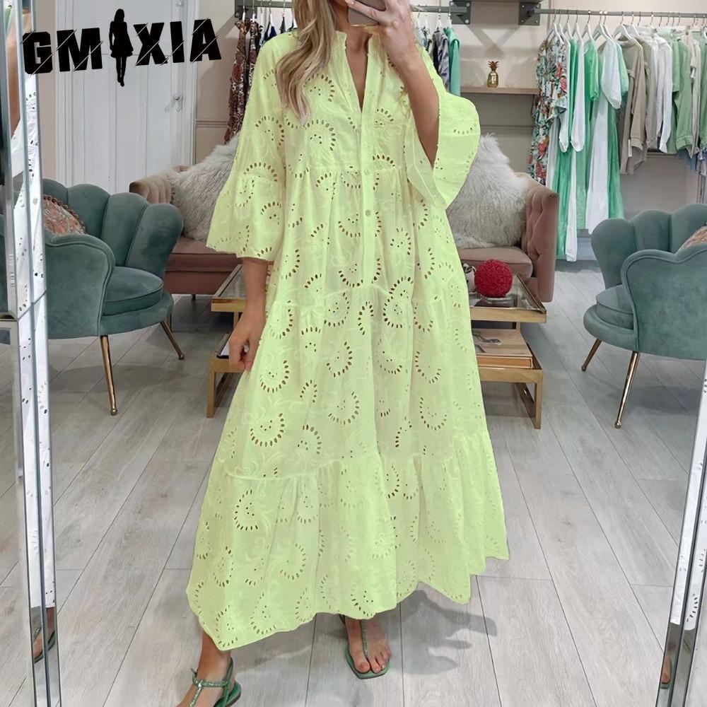 GMXIA 8 цветов S-5XL женские модные летние весенние однотонные повседневные платья с принтом и рукавом 3/4 с V-образным вырезом