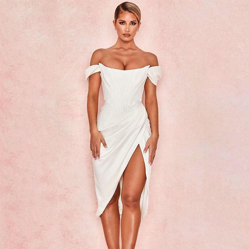 Летние сексуальные длинные облегающие платья Женское белое красное платье с открытыми плечами Сплошной цвет на бретельках Сексуальное платье с разрезом Женская одежда Платье для вечеринок и клубов