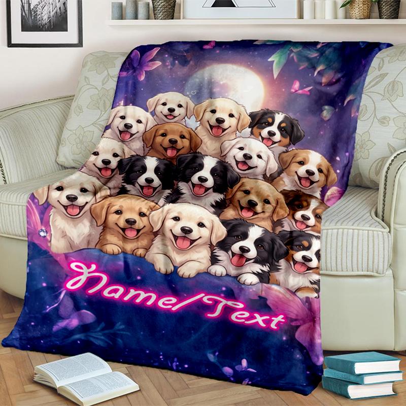 1PC Custom Name Puppy Moonlit flannel blanket versatile,all-season throw suitable for the living room,bedroom,camping,travel,and gift