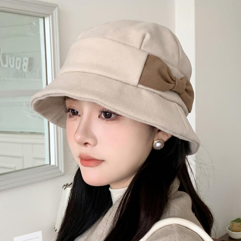 Spring and Autumn new bucket hat female face small bow basin hat elegant face covering fashionable versatile foreign style sun hat
