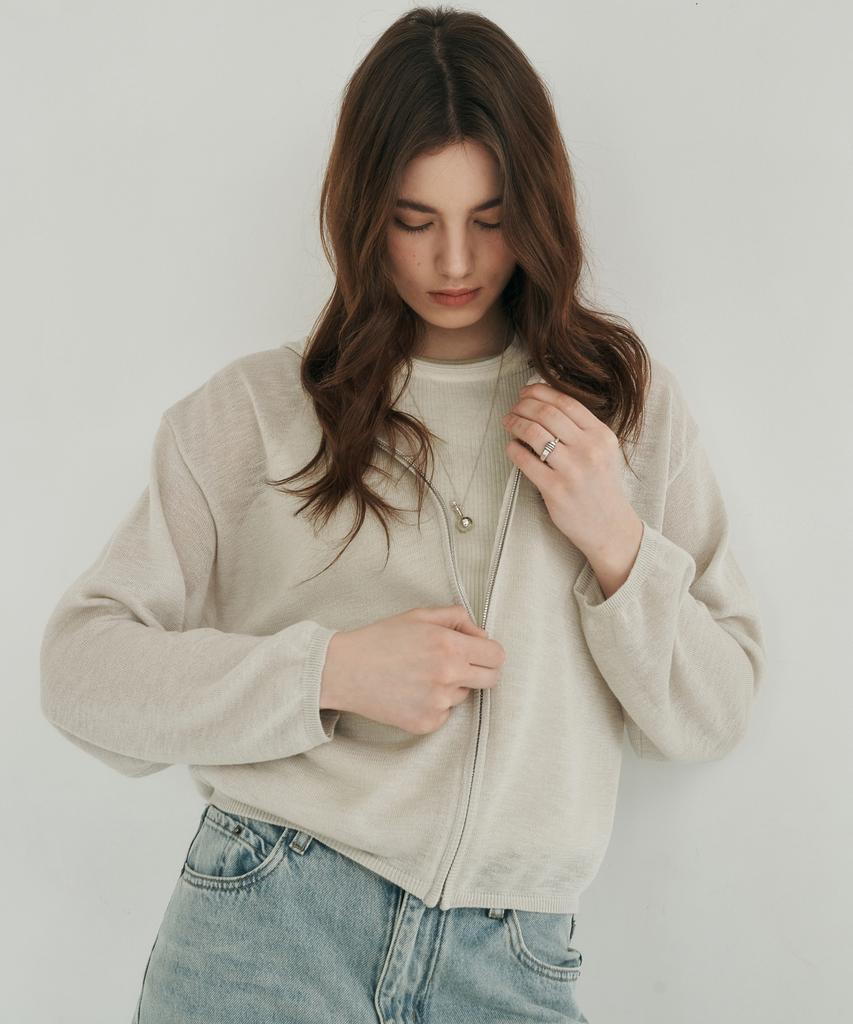 LOSSYROW Light Zip-Up Knit Hoodie Beige