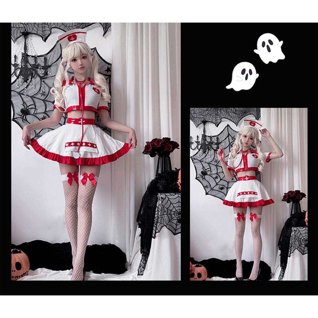 Медсестра Хэллоуин Сексуальный костюм медсестры Милая медсестра Красно-белый сет медсестры из сетки для фото и костюмированных вечеринок [ChicFlow] Костюм, Косплей, Сет, Костюм,
