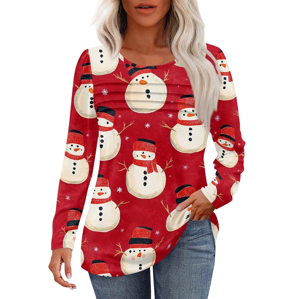 Женская повседневная мода рождественский принт круглый вырез плиссированный длинный рукав топ