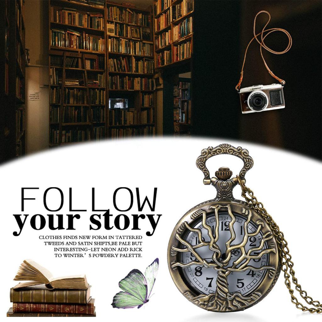 JewelryWe Pocket Watch Pendant Tree of Life Skeleton Retro Antique Style Analog Pocket Watch Necklace Clock Suitable for Men and Women Cosplay Event