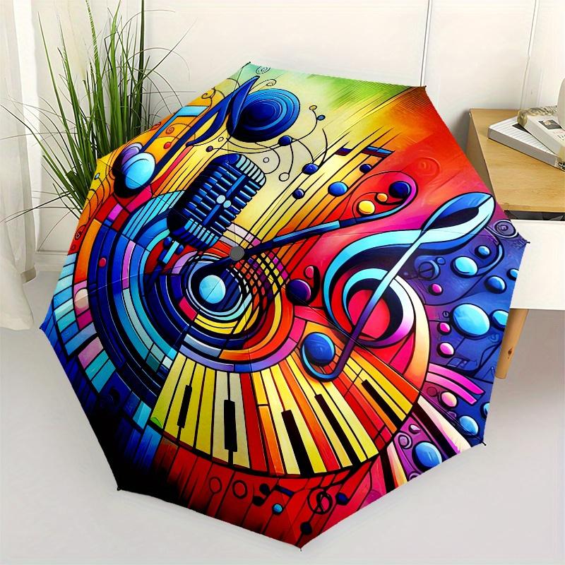 Music Notes, Piano Keys Automatic Folding Umbrella 8 Ribs, Durable Iron Frame, Bright Color Pattern Compact Travel Umbrella, Suitable for O