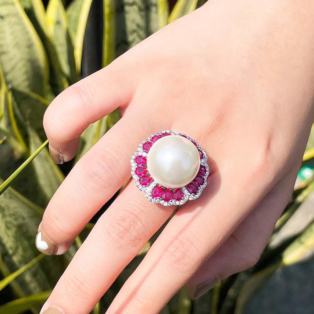 Ювелирные изделия CMM Красивый шикарный красный цирконий цветок круглый массивный большой регулируемый искусственный жемчуг кольцо для женщин праздничная одежда ювелирные изделия