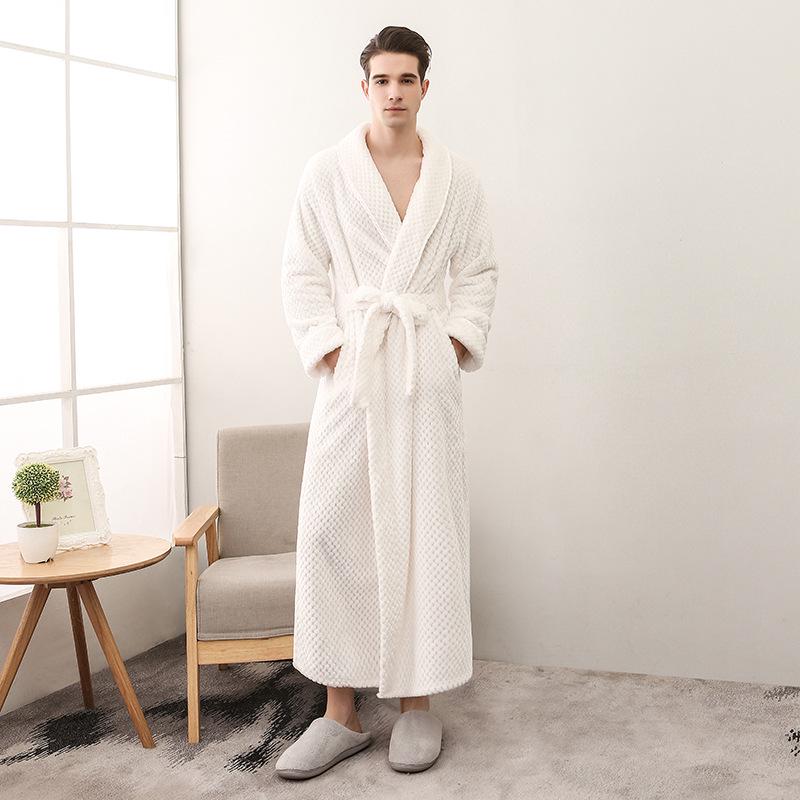 Plus Size Men's Autumn Winter Bathrobe Couple's Thickened Long Robe Solid Waist-tie Loungewear with Pockets