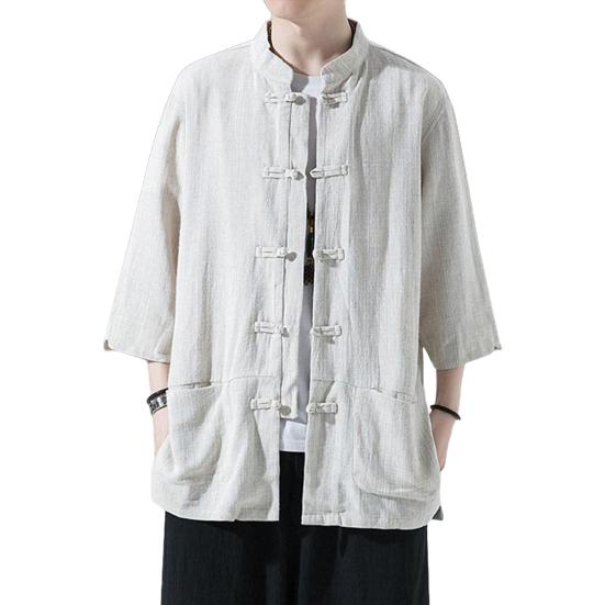 Мужская рубашка в китайском стиле, свободная рубашка в стиле ретро на пуговицах с карманами, хлопковая льняная дышащая летняя рубашка для уличных вечеринок и путешествий