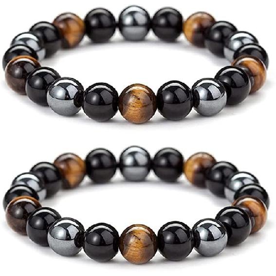 WFJ Black Obsidian Hematite Triple Protection Bracelets Set - Tiger Eye Beaded Natural Stone Bracelet for Men Women Gemstone (10MM)
