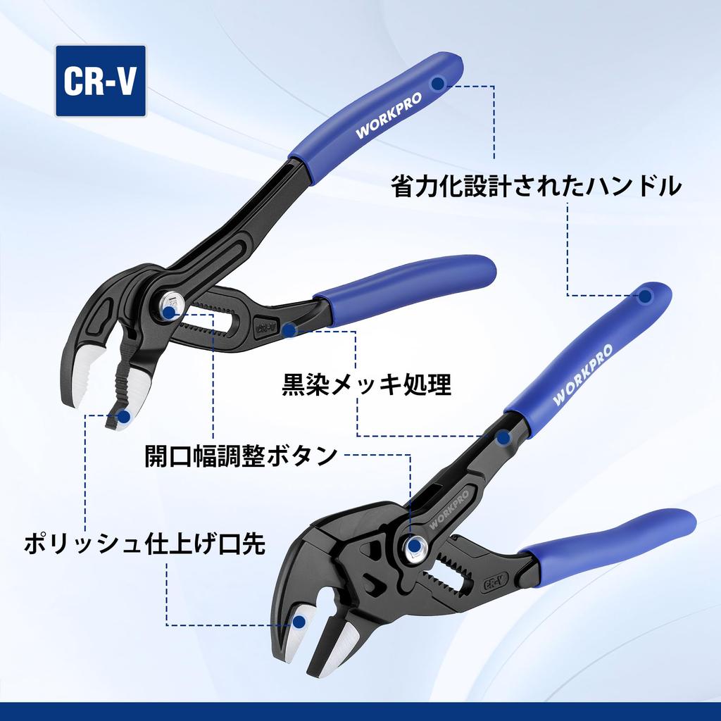 WORKPRO Пассатижи водопроводные и разводной ключ 180 мм, общий, быстрая регулировка ширины раскрытия, для и ослабления гаек, Набор из 2 предметов, Длина, Кнопка,