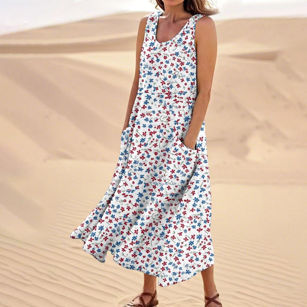 Women's Summer Casual Fashion Flower Printed Sleeveless Pocket Dress
