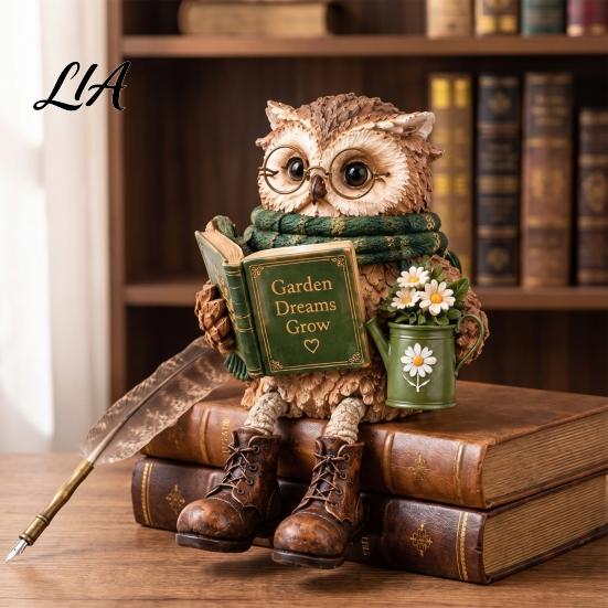 Small Desktop Ornament for Fireplace Reading Owl Figurine, Statue with Open Book Glasses Scarf and Boots, Decorative Figurine Christmas Sculpture Home