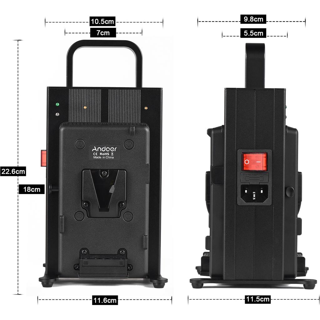 Andoer Зарядное устройство с V-образным креплением, двухканальное зарядное устройство с V-образным креплением, быстрая зарядка для 14,4/14,8 В.