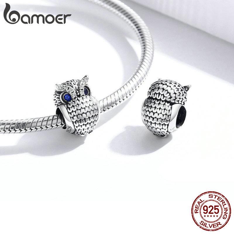Bamoer Оригинальный шарм - подвеска "сияющая сова" из 925 стерлингового серебра и синего циркона