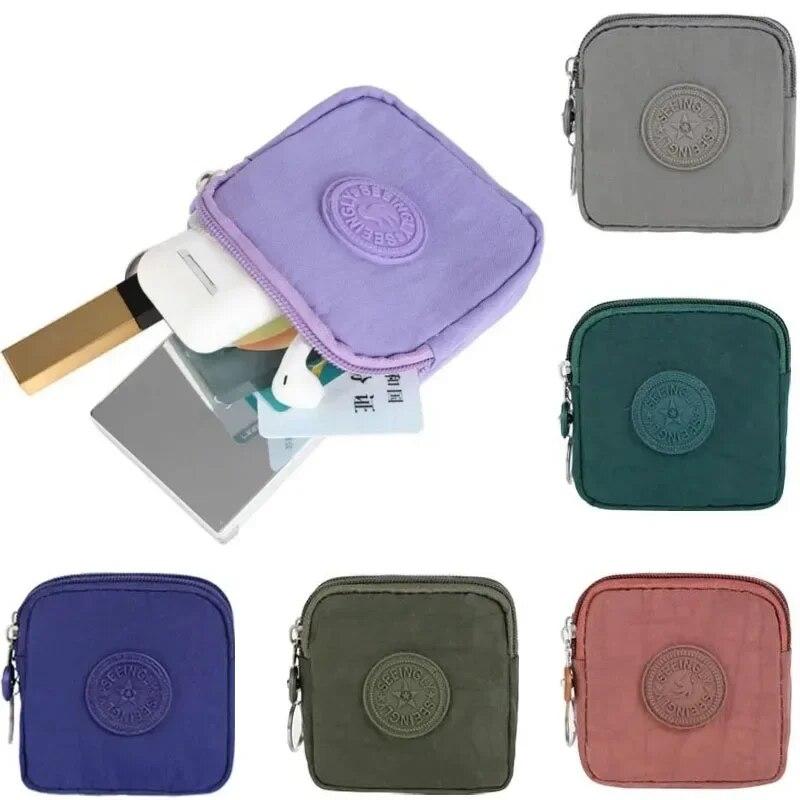 Квадратные сумки для монет для женщин, водонепроницаемые двухслойные нейлоновые холщовые сумки на молнии на молнии, кошелек для денег, ключи, наушники, ID, сумки для хранения кредитных карт