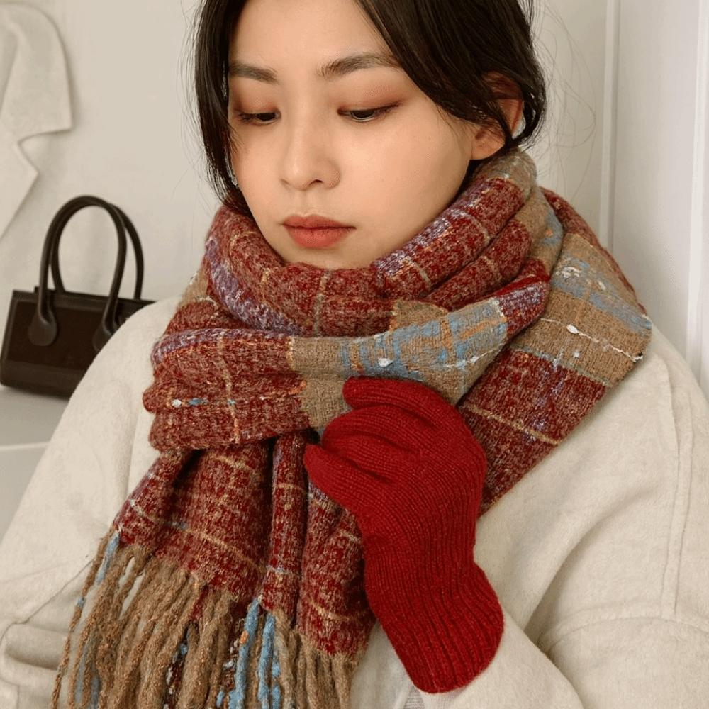New Year Plaid Wool Scarf Tassel Red Long Shawl Elegant Winter Knitted Scarves Student