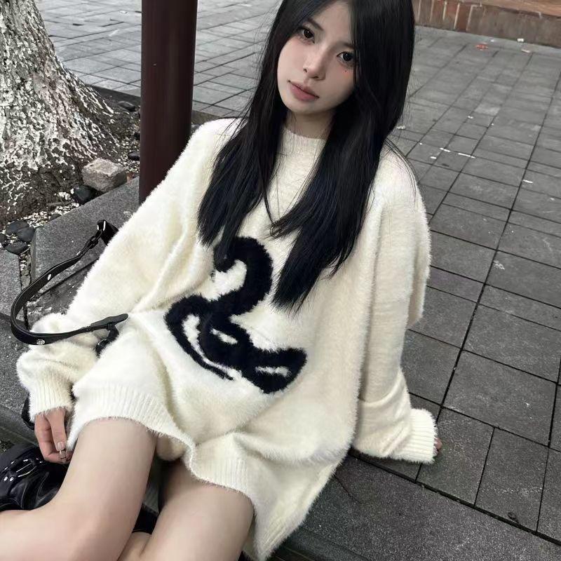 Y2k Белый готический женский свитер с принтом свободного покроя в стиле Харадзюку, корейская мода, вязаные пуловеры, змеиный узор, осенняя теплая уличная одежда