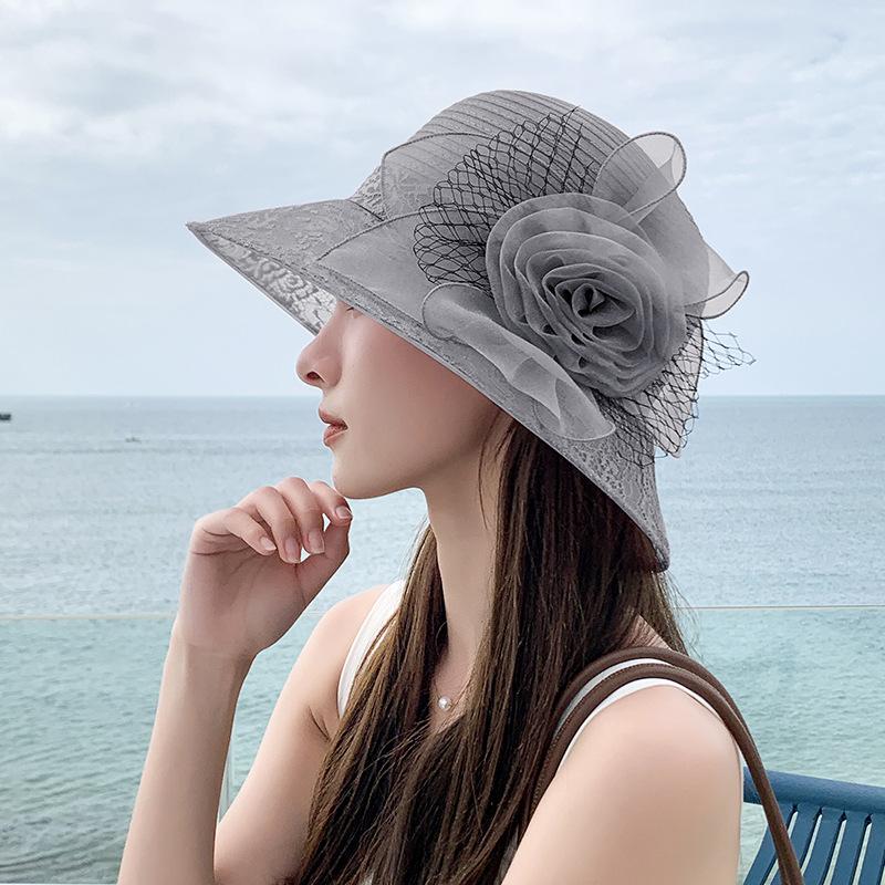 Vintage Elegant Flower Organza Sun Hats Ladies Wedding Party Floppy Church Hat For Women Summer Antiuv Travel Beach Caps