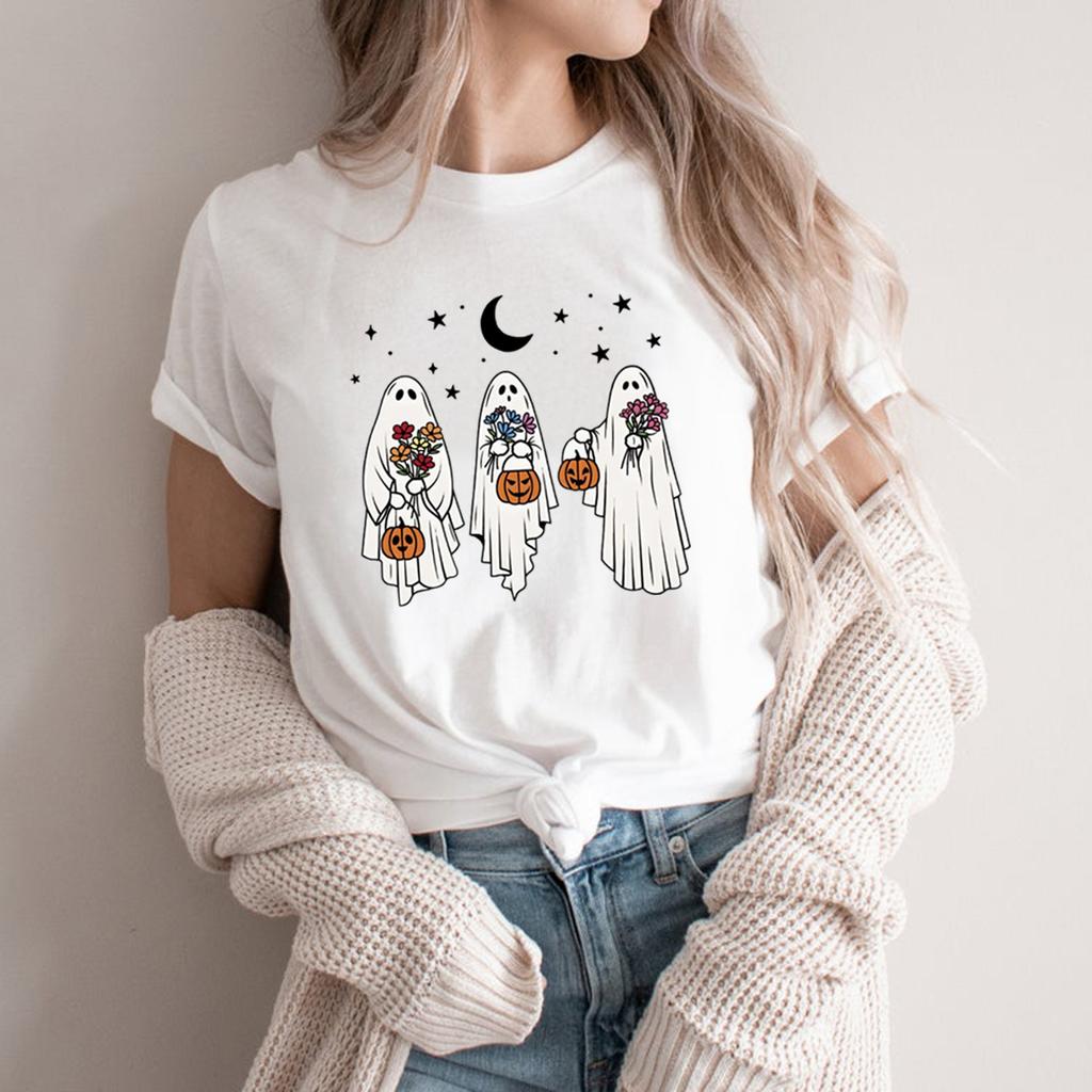 Vintage Halloween Ghost T-Shirt Floral Spooky Pumpkin Tee Casual Short Sleeve Women Halloween Shirt Spooky Season Graphic Tees