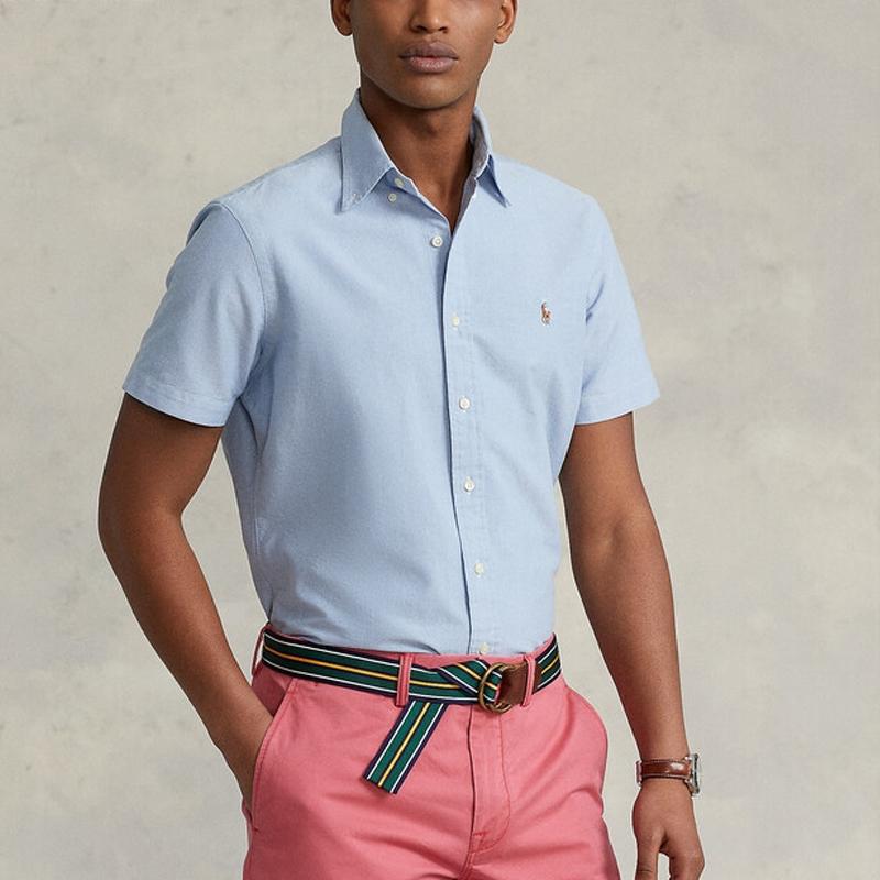 Polo Ralph Lauren SS22 Однотонная однобортная рубашка с коротким рукавом из ткани Оксфорд, мужские рубашки синего цвета MNPOWOV1N820050-400