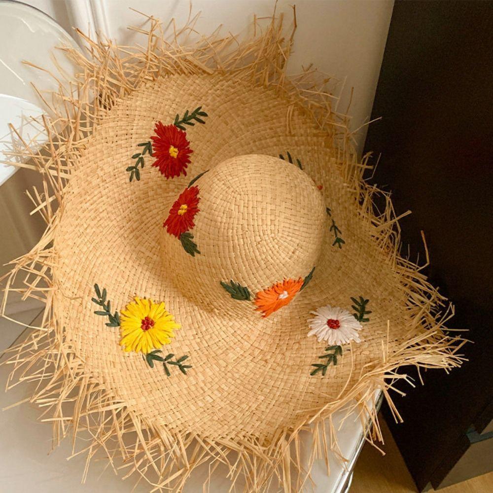 Boho Embroidered Flower Straw Hat Embroidered Flower Women's Sun Hats Lafite Grass Hat Travel