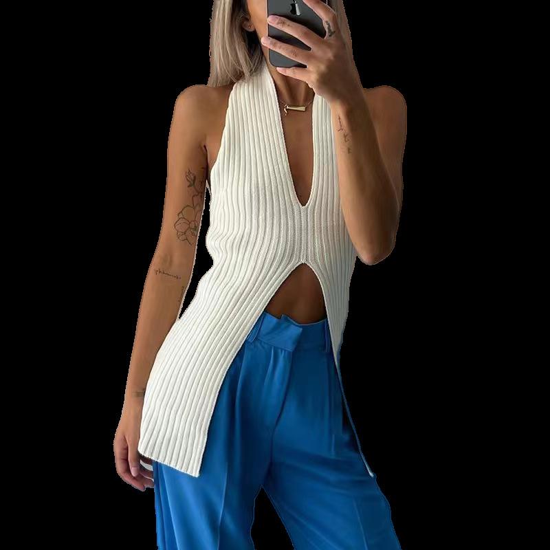 Women's Autumn and Winter V-Neck Split Sexy Sleeveless Knitted Sweater Vest