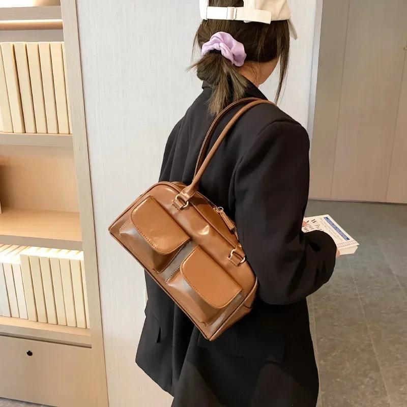 Retro Red Women's Satchel Hobo Bag Patent Leather Multi Pocket Luxury Designer Handbag Female Shoulder Underarm Bag Tote Purses