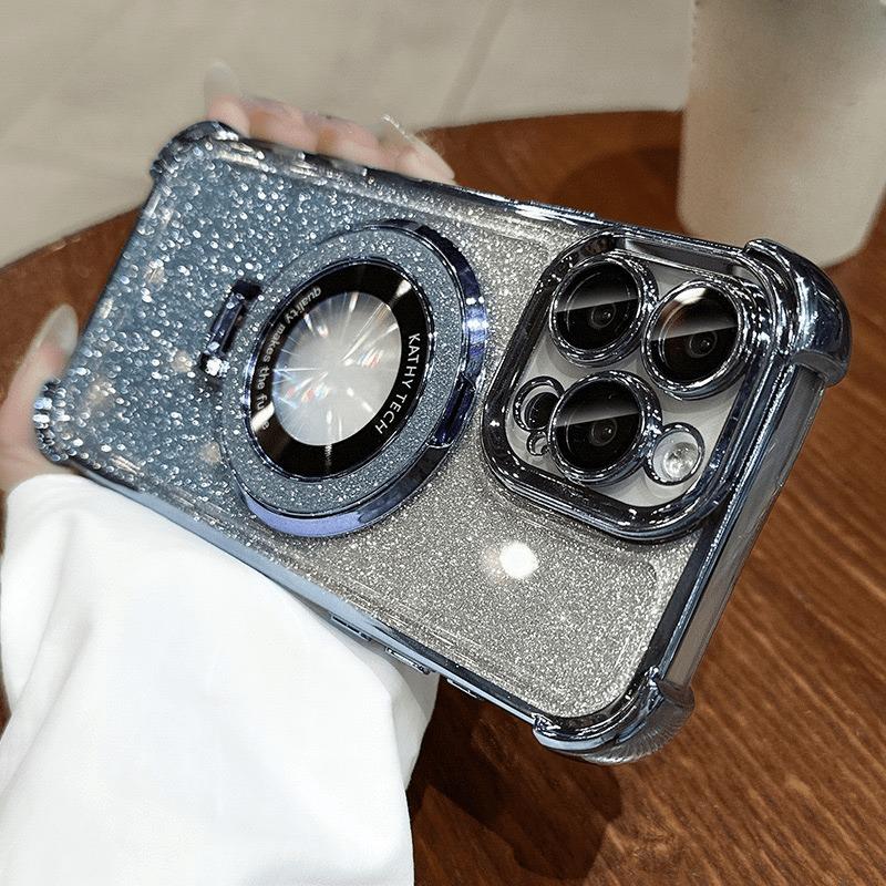 Luxury Plating Magnetic Holder Glitter Case for iPhone 17 Air 16 15 14 13 12 11 Pro Max Plus Wireless Charging Clear Cover