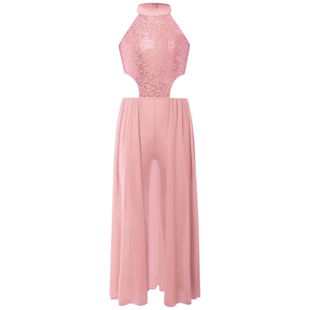 Девочки Блестящие Пайетки Халтер Без рукавов С открытой спиной Юбка Комбинезон Латиноамериканский Танец Костюм для выступления