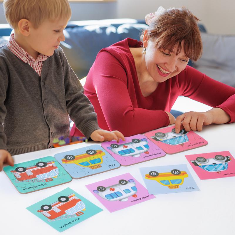 64 Pieces Wooden Puzzle Cartoon Animals Car Fruits Vegetables Pattern Jigsaw Puzzles Game Kids Educational Learning Toys