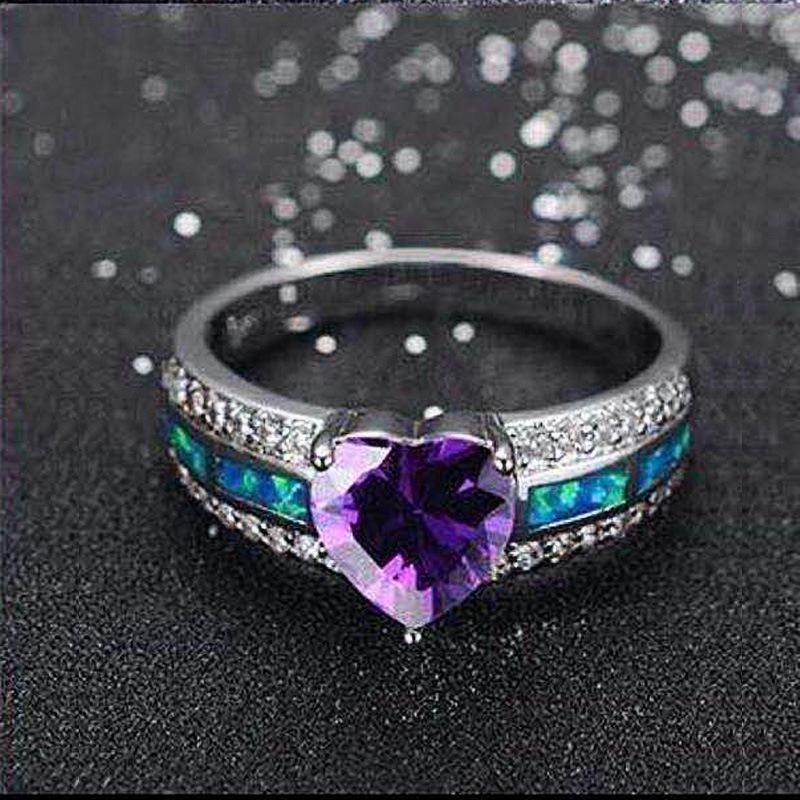 Black Gold Heart-Shaped Purple Zircon Alloy Ring with Electroplated Opal for Women