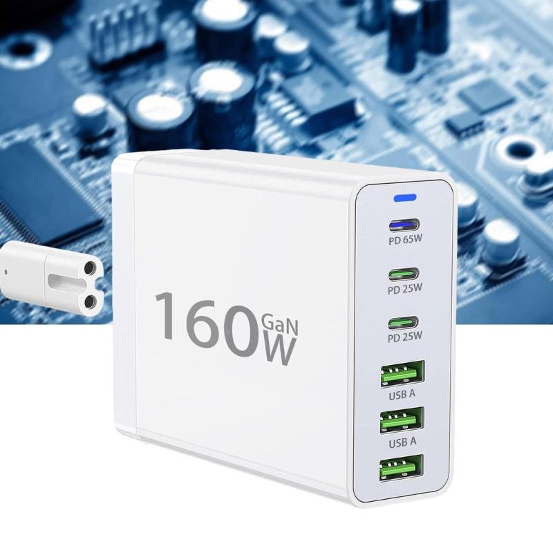 Быстрая зарядная станция 160 Вт USB C с 3 портами USB C и 3 портами USB A, хаб с несколькими портами для Pad, смартфонов и других устройств