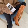 Women Knee High Long Boots Pointed Toe Thick High Heels Zipper Pleated Gogo Boots Ladies Fashion Shoes Autumn Winter 46