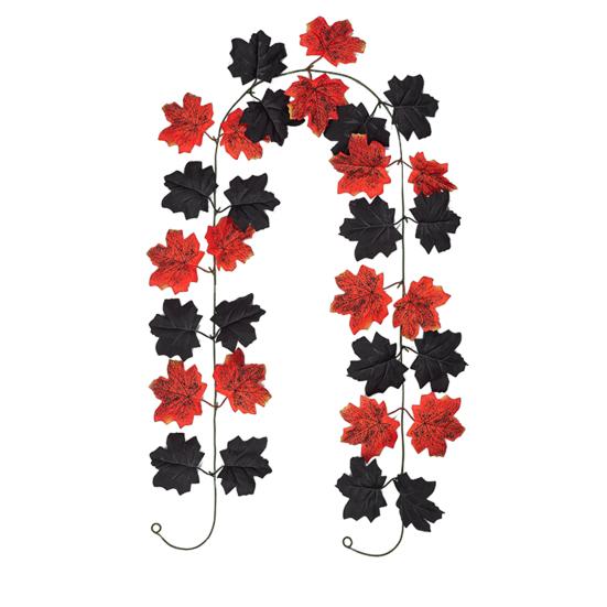Realistic Maple Leaf Wreath Artificial Garland, Autumn Faux Vine, Black & Red Fall Flexible Rattan Garland Leaves Hanging Vine for Fireplace