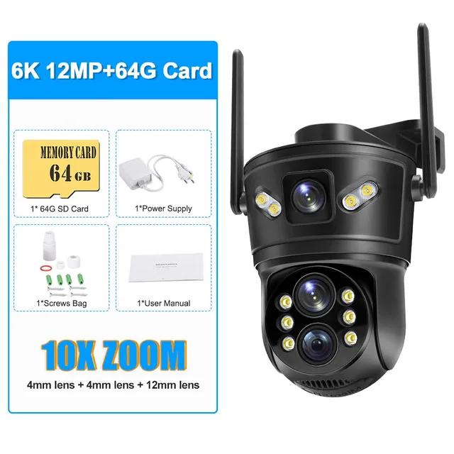 12 МП 6K WiFi IP 10-кратный зум Трехобъективная уличная PTZ-камера Автоматическое слежение 4K Видеонаблюдение Защита безопасности